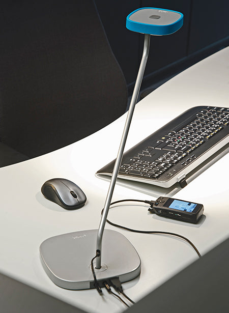 Luxo Trace LED task light with table-desk base and USB port, Silver Grey